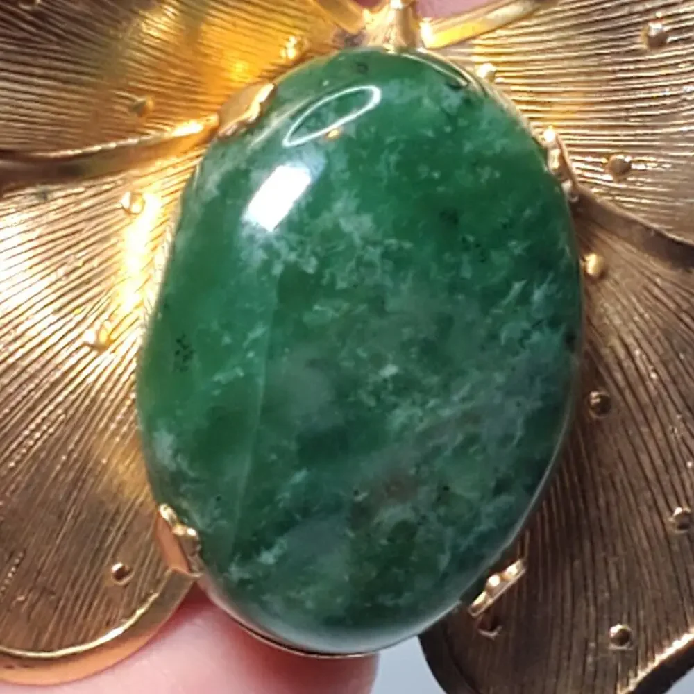 Vtg Green Agate Butterfly Insect Gold Tone Wings Brooch Pin 1.5